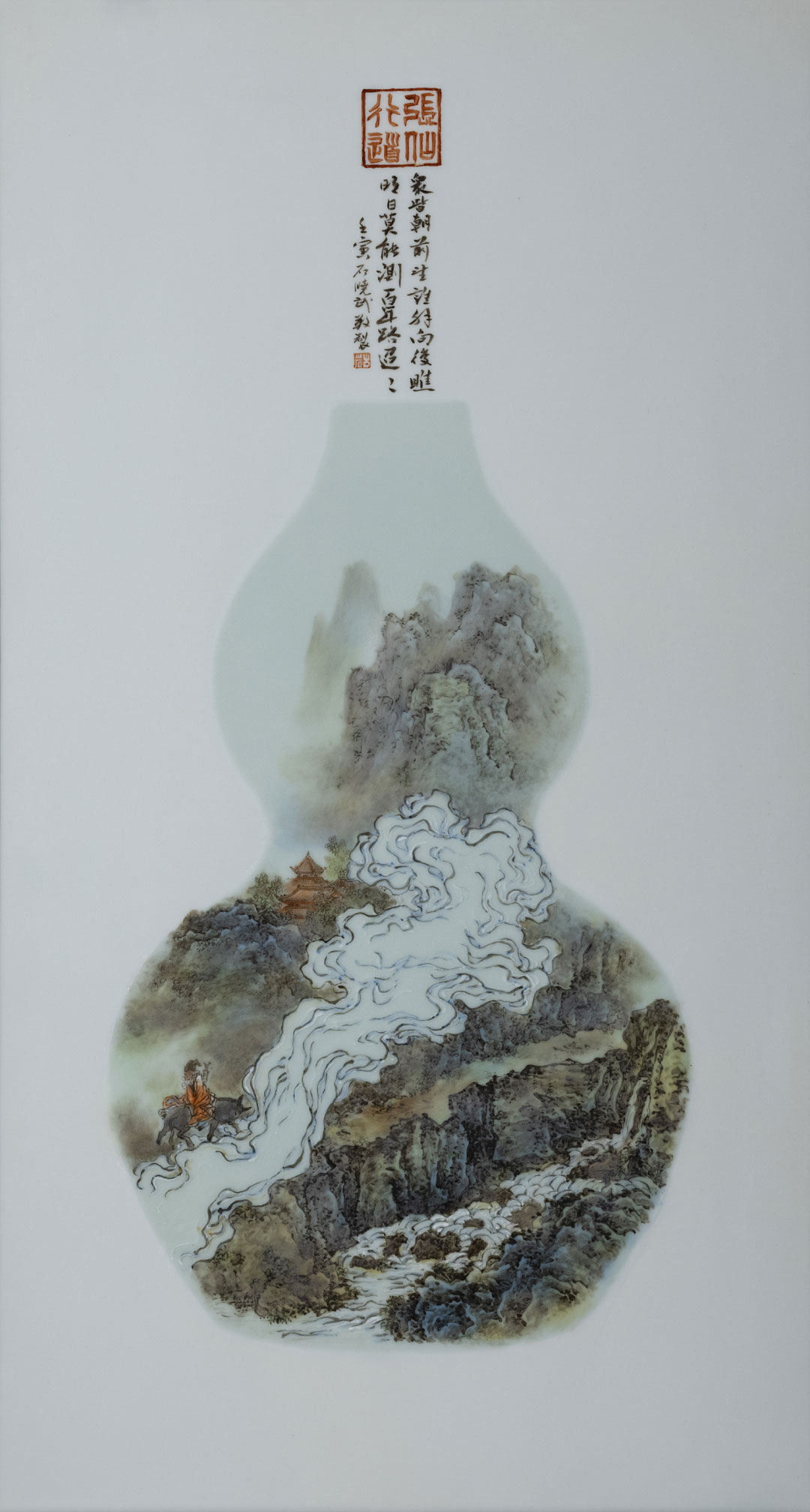粉彩山水-张仙行道釉瓷板，作品编号202