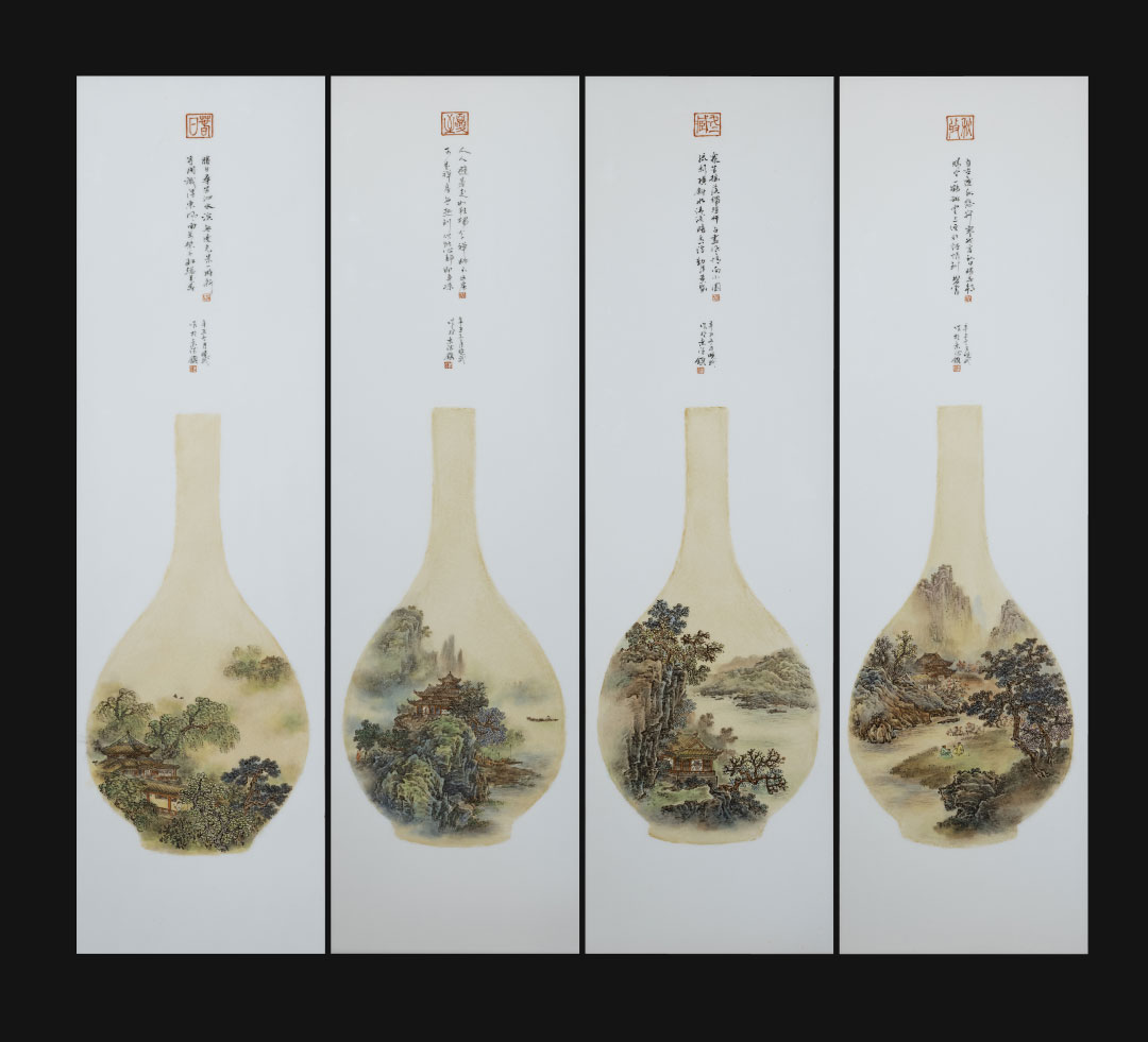 釉瓷板粉彩，古雅彩系列四季条屏，作品编号